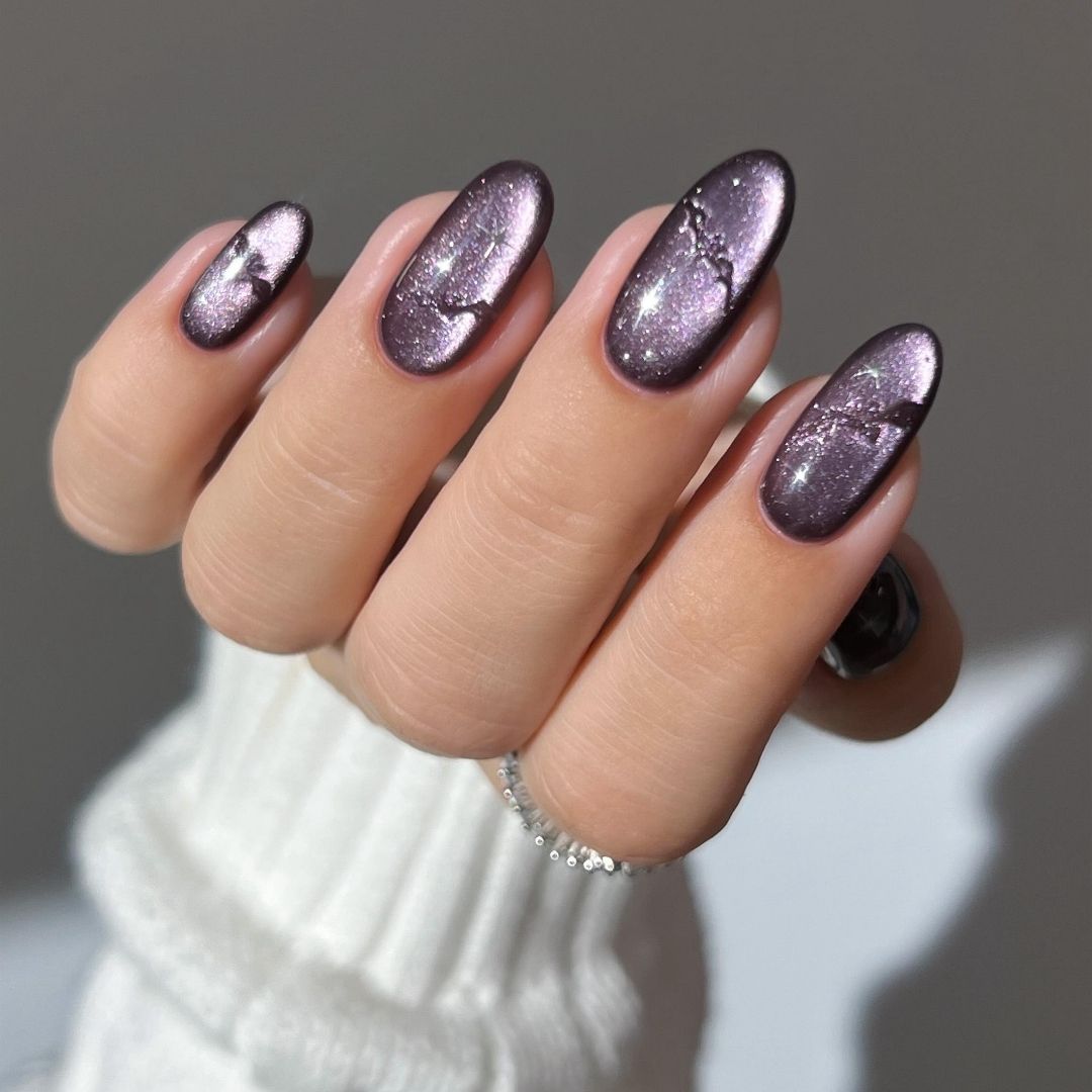 Midnight Shine Cat Eye Spooky Almond Press On Nails