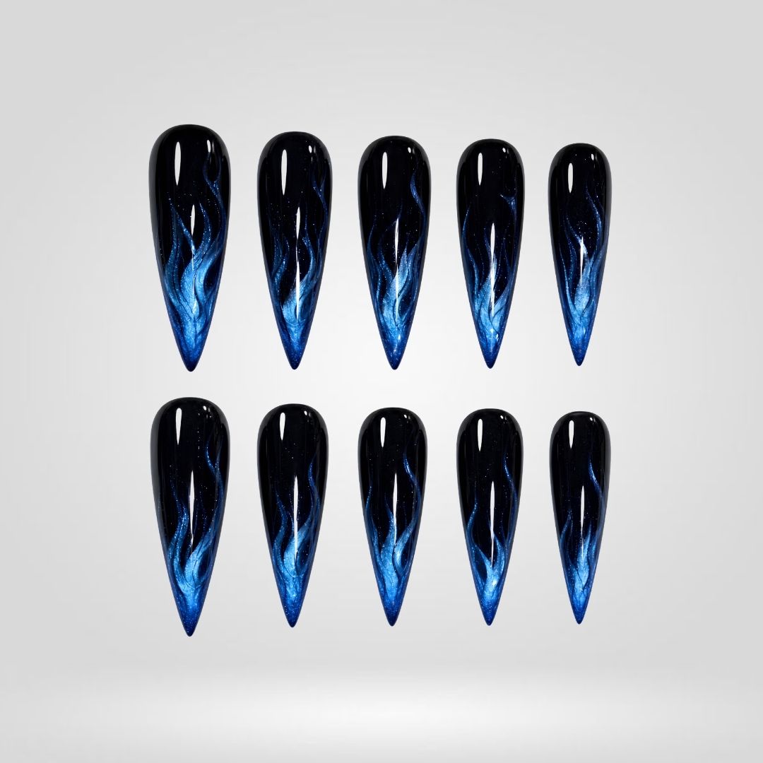 Midnight Blue Flame Chrome Spooky Stiletto Press On Nails