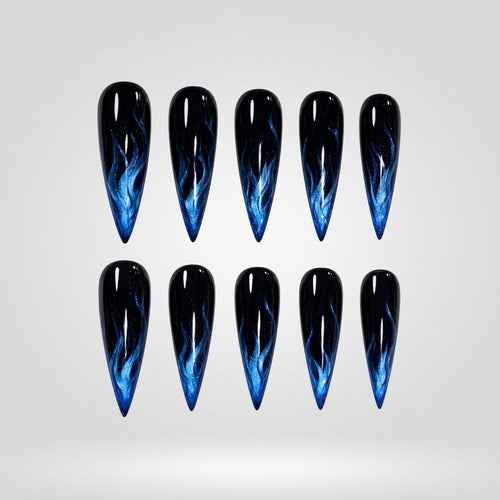 Midnight Blue Flame Chrome Spooky Stiletto Press On Nails