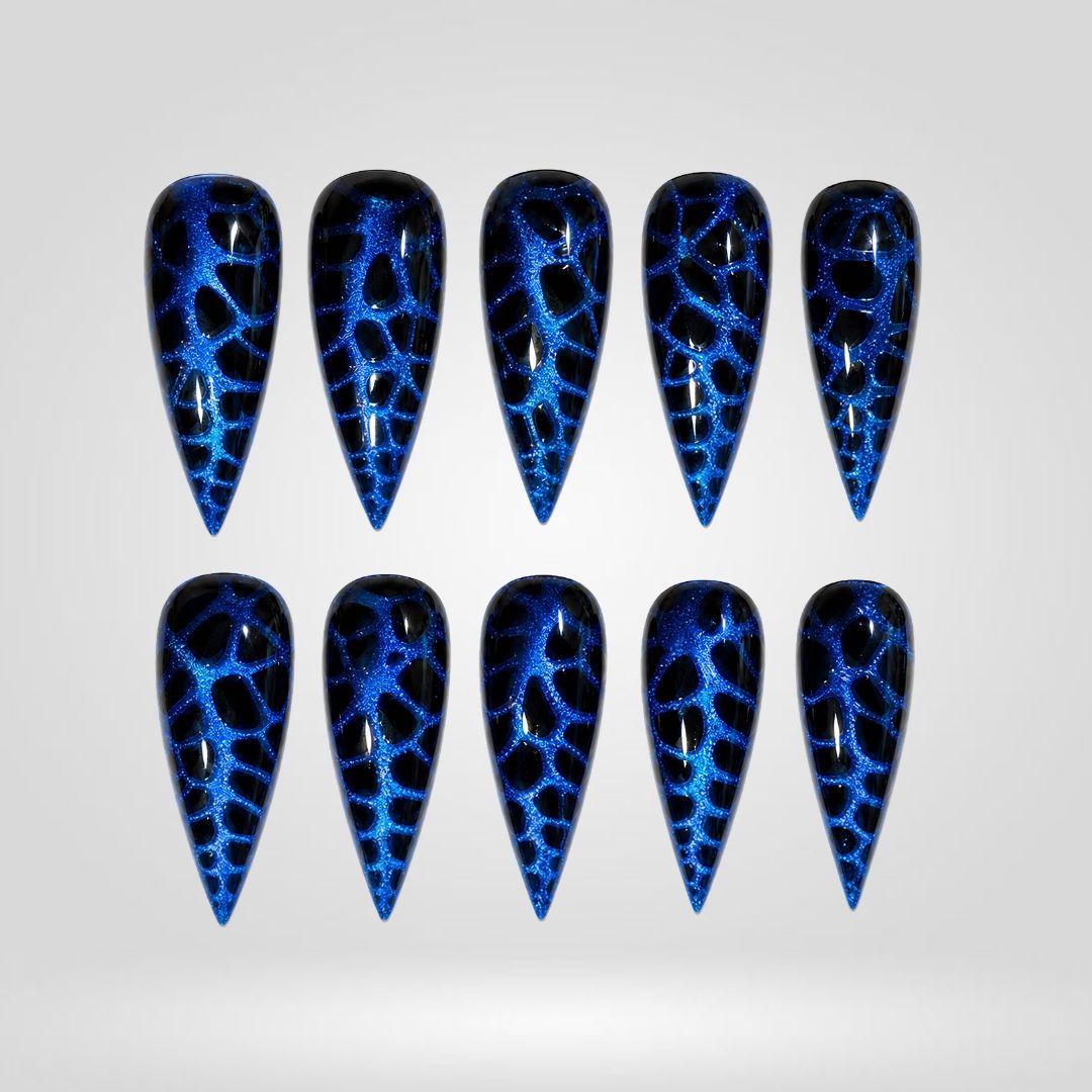 Cobalt Leopard Chrome Spooky Stiletto Press On Nails