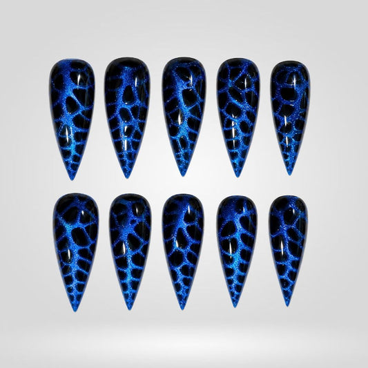 Cobalt Leopard Chrome Spooky Stiletto Press On Nails