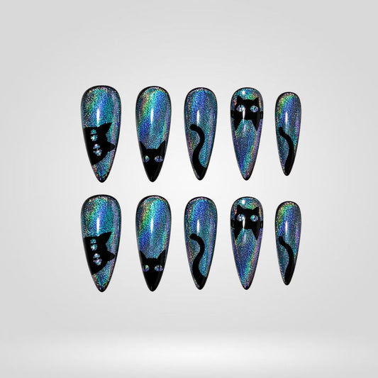Mystic Ocean Cat Eye Spooky Stiletto Press On Nails