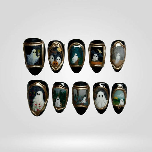 Haunted Portrait – Handmade Ghost Halloween Press-On Nails