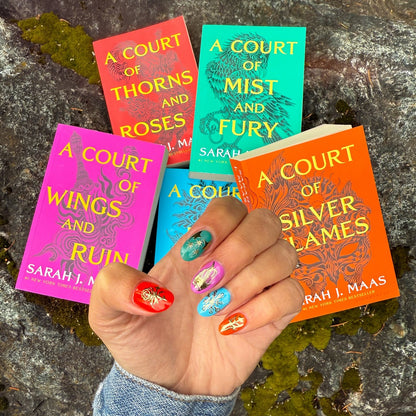 Bookish Press On Nails — Gold Rose & Thorn Set | Hand-Painted Almond, Romantasy Reader Gift