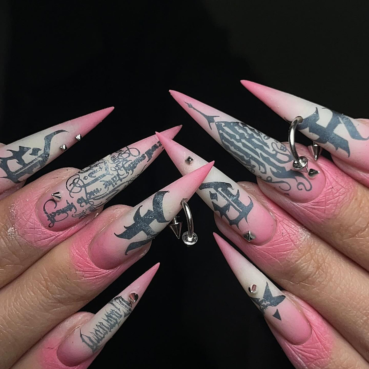 Pink Gothic Black Lettering Silver Spike Stiletto Press On Nails
