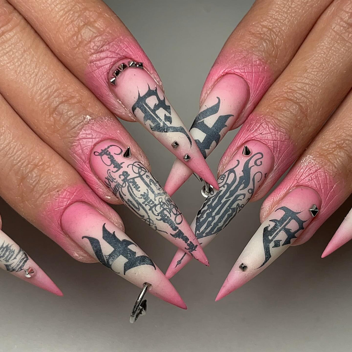 Pink Gothic Black Lettering Silver Spike Stiletto Press On Nails
