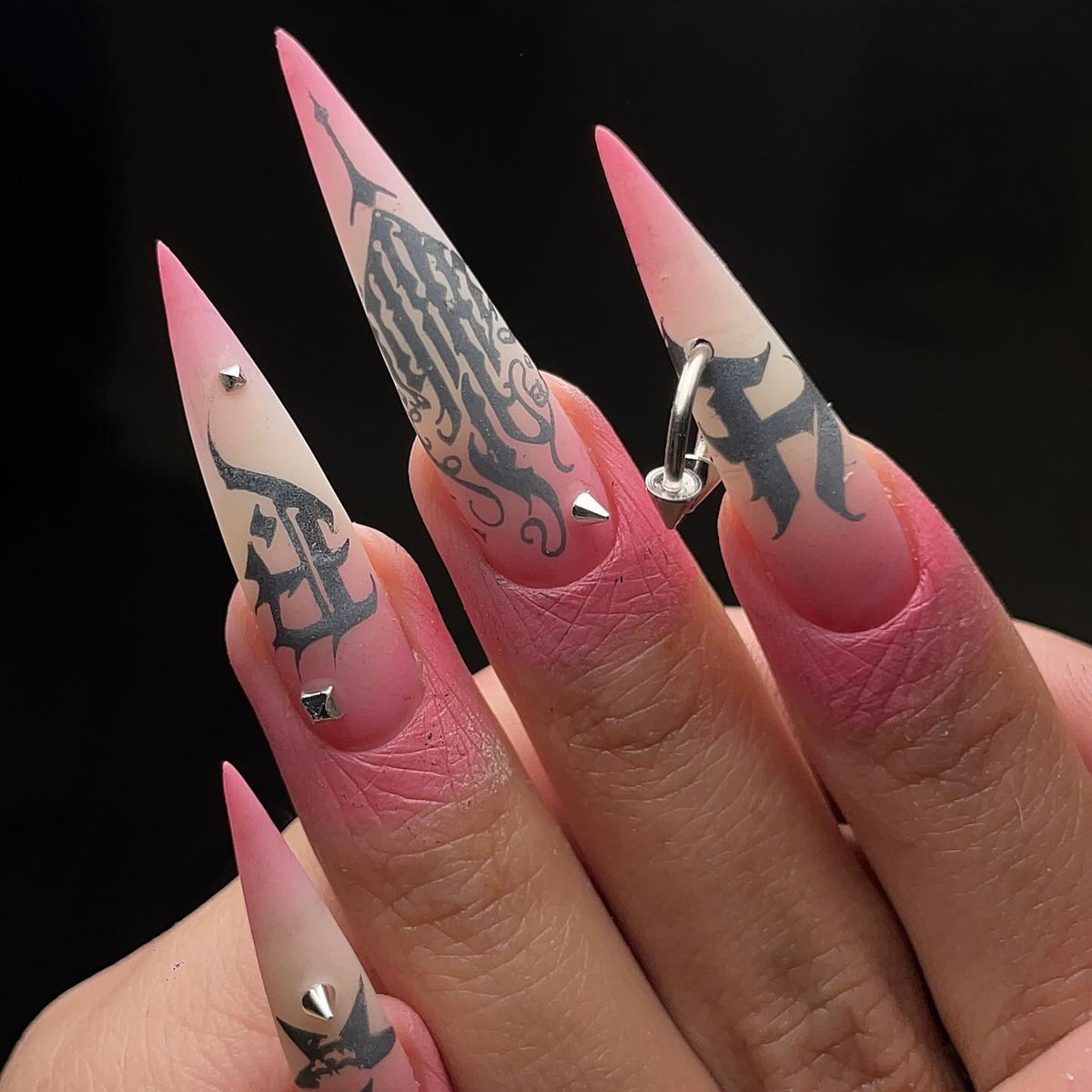 Pink Gothic Black Lettering Silver Spike Stiletto Press On Nails