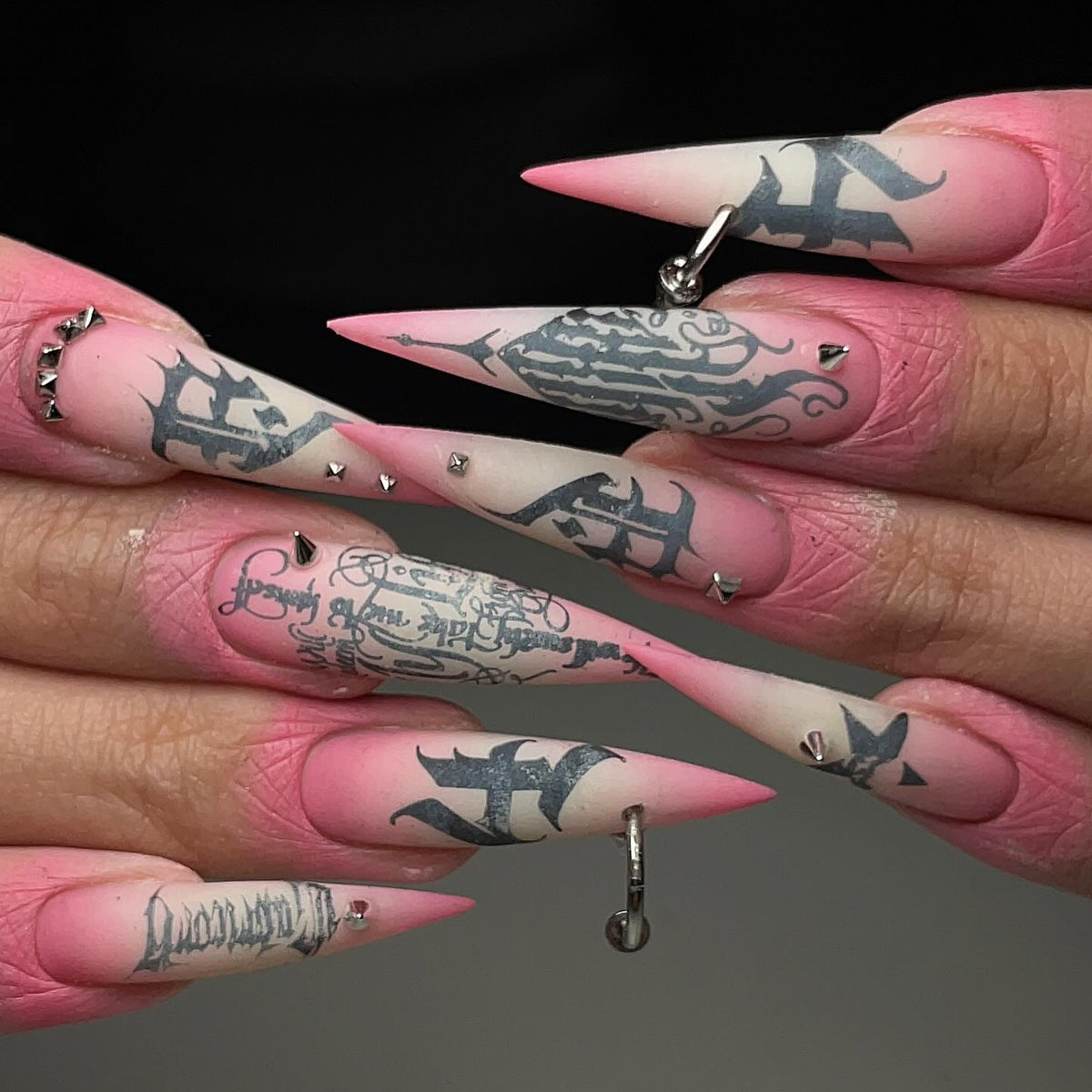 Pink Gothic Black Lettering Silver Spike Stiletto Press On Nails