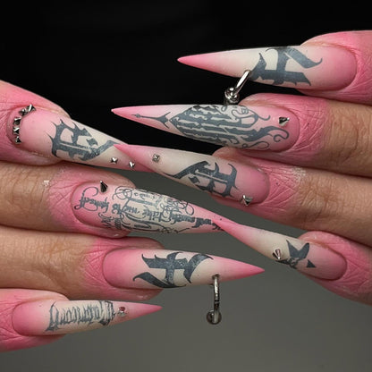 Pink Gothic Black Lettering Silver Spike Stiletto Press On Nails