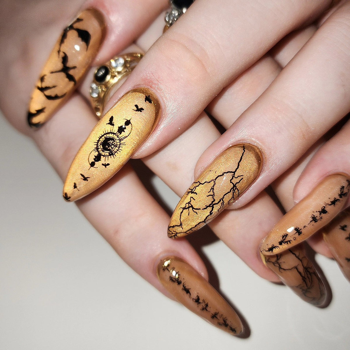 Antique Gold Press On Nails — Raven & Crackle Set | Handmade Stiletto, Dark Academia Bookish