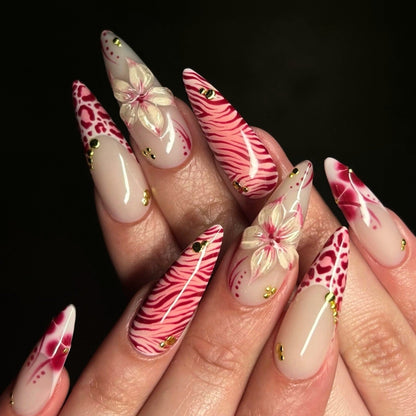 Pink Safari Wild Bloom 3D Floral Stiletto Press On Nails