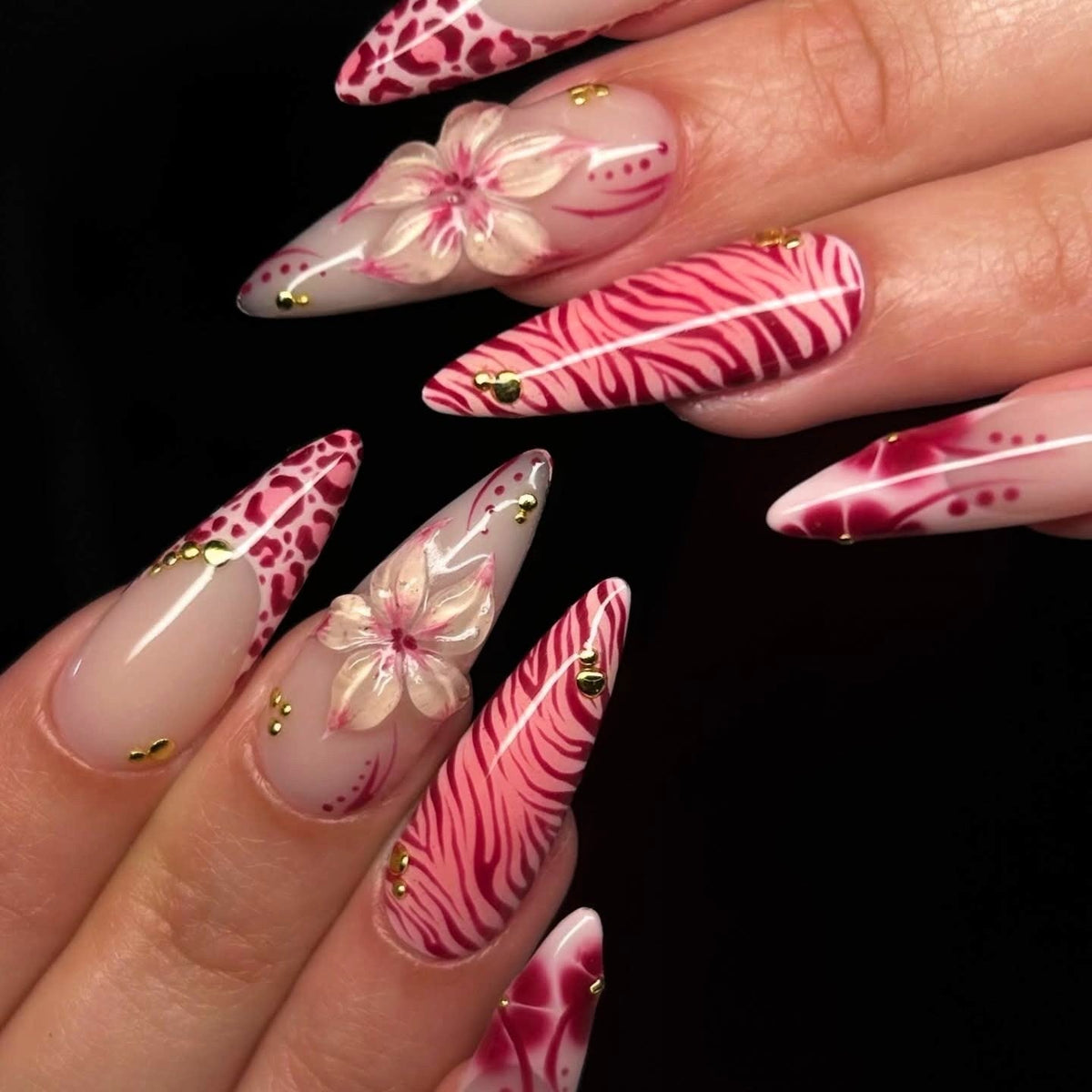 Pink Safari Wild Bloom 3D Floral Stiletto Press On Nails
