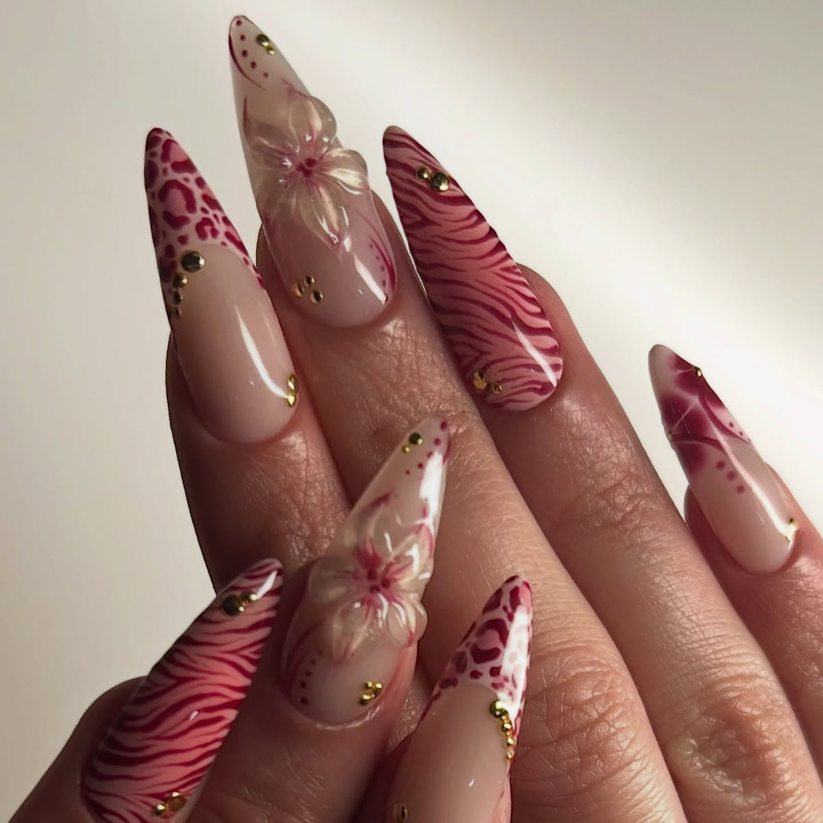 Pink Safari Wild Bloom 3D Floral Stiletto Press On Nails