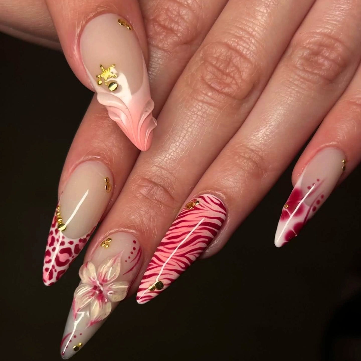Pink Safari Wild Bloom 3D Floral Stiletto Press On Nails