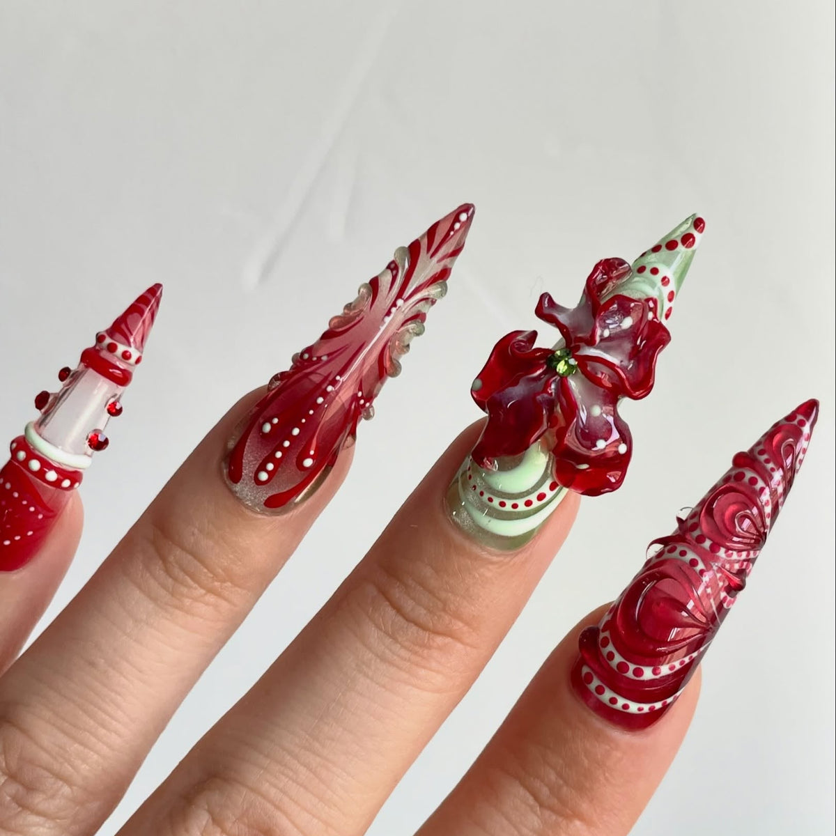 Rose Cat Eye 3D Floral Stiletto Press On Nails