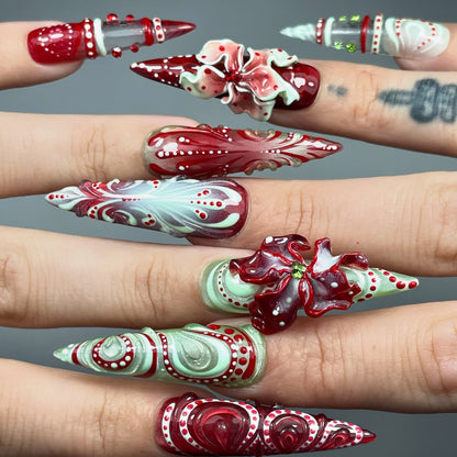 Rose Cat Eye 3D Floral Stiletto Press On Nails