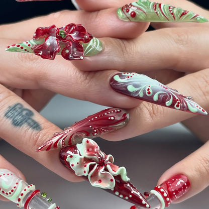 Rose Cat Eye 3D Floral Stiletto Press On Nails