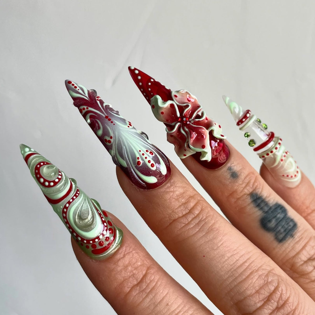 Rose Cat Eye 3D Floral Stiletto Press On Nails