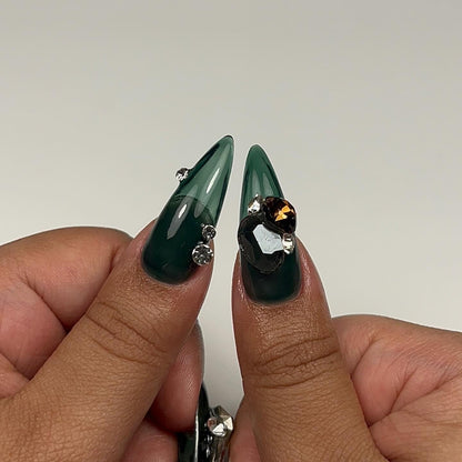 Emerald Envy Glossy Crystal Stiletto Press On Nails