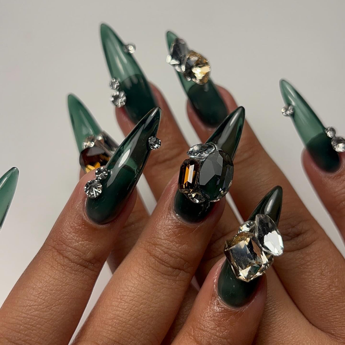 Emerald Envy Glossy Crystal Stiletto Press On Nails