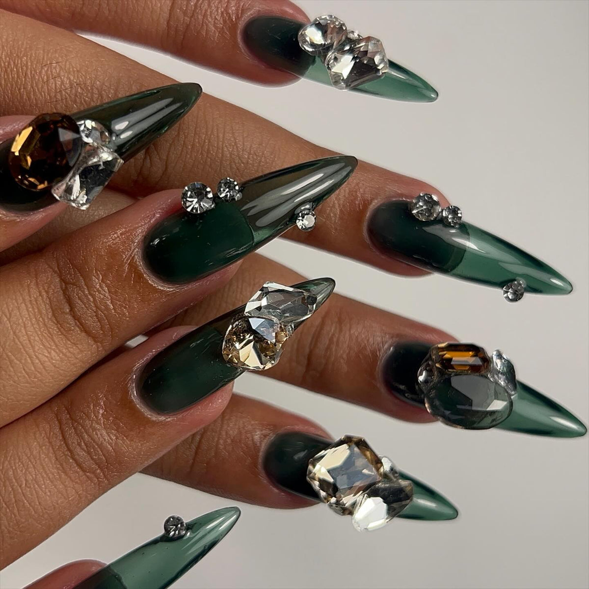 Emerald Envy Glossy Crystal Stiletto Press On Nails