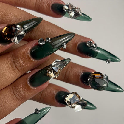 Emerald Envy Glossy Crystal Stiletto Press On Nails