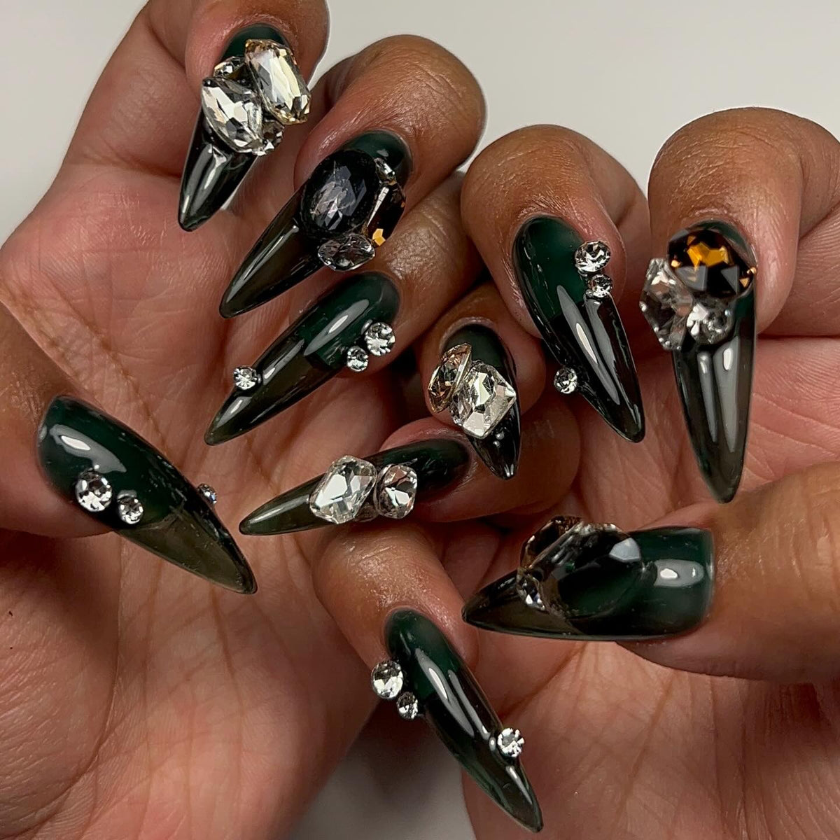 Emerald Envy Glossy Crystal Stiletto Press On Nails