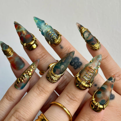 Ocean Jasper Gold Wire Agate Stiletto Press On Nails