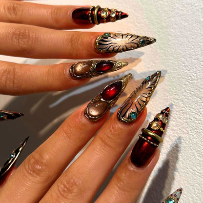 Gilded Garnet Baroque Jewel Stiletto Press On Nails