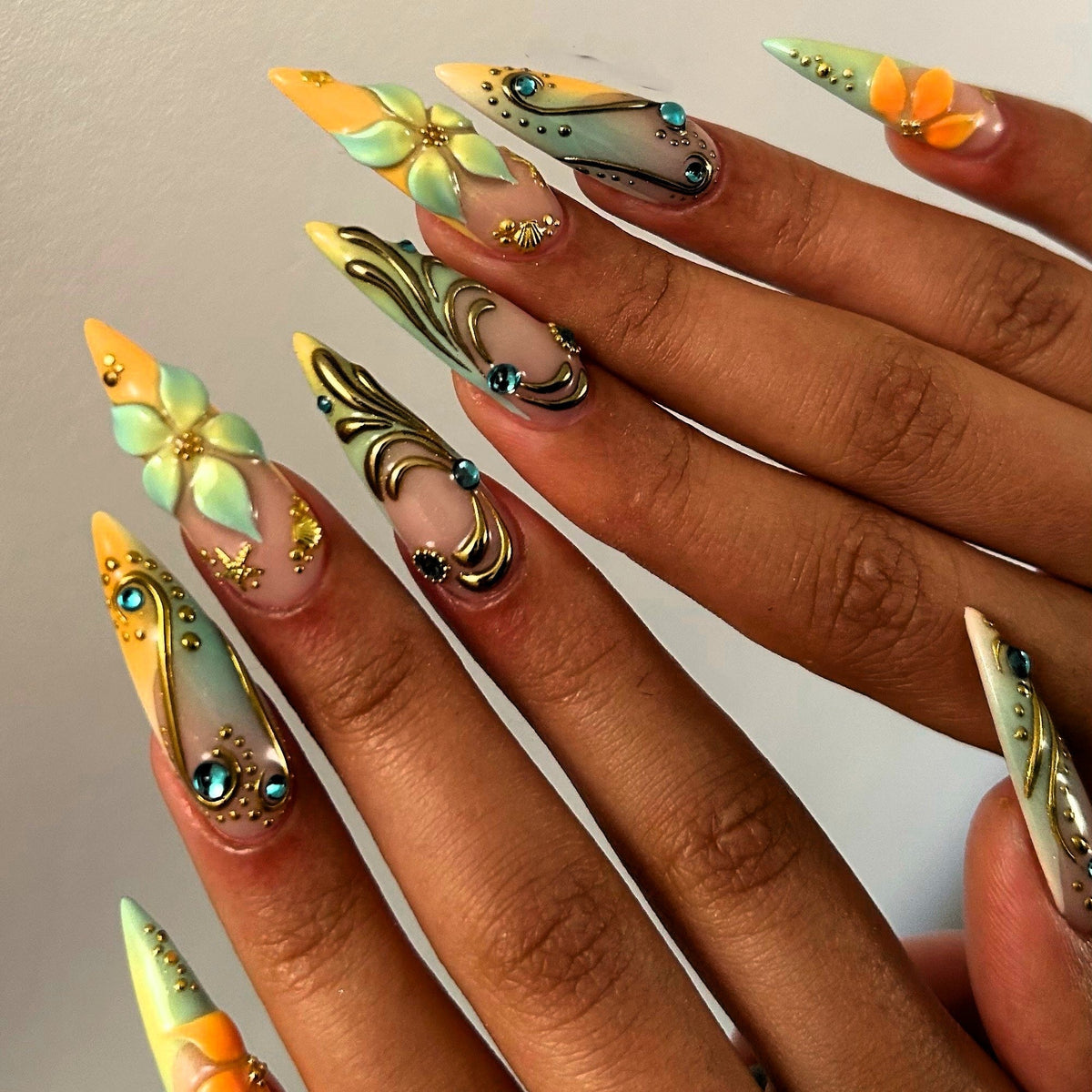 Golden Tide Pastel Bloom 3D Stiletto Press On Nails