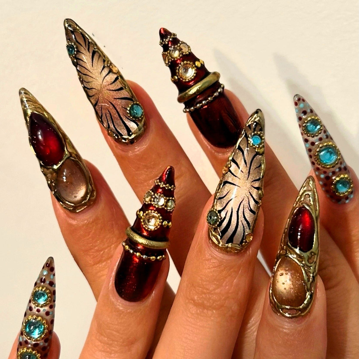 Gilded Garnet Baroque Jewel Stiletto Press On Nails