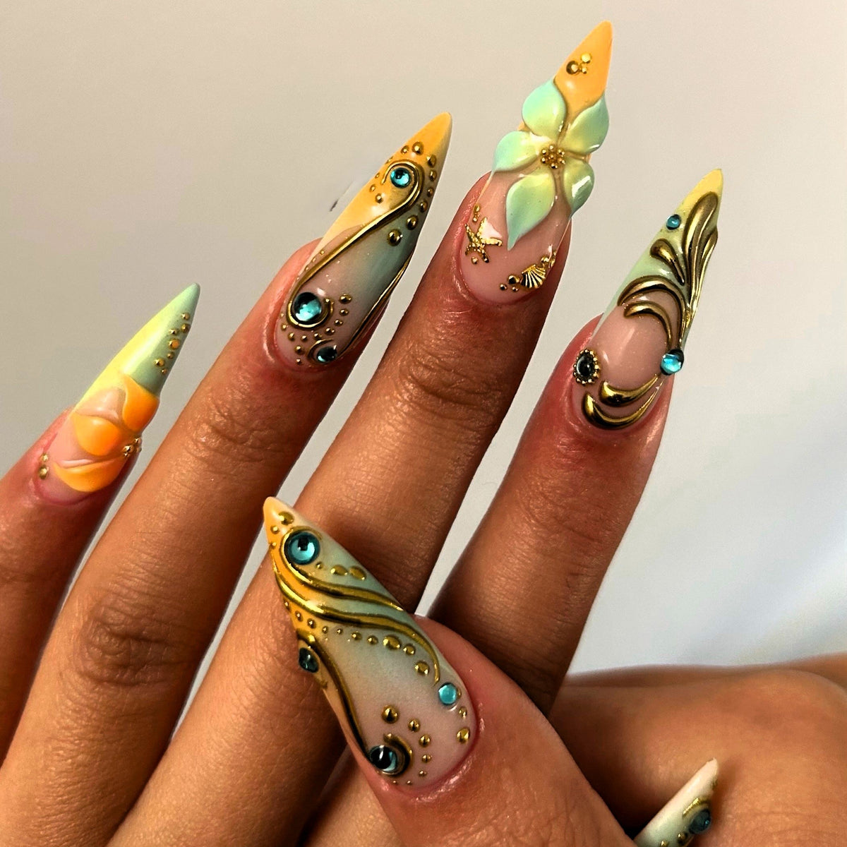 Golden Tide Pastel Bloom 3D Stiletto Press On Nails