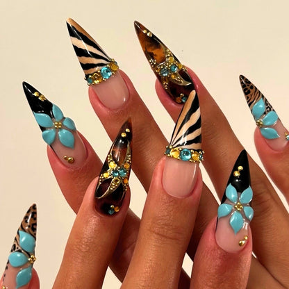 Wild Safari Turquoise Bloom 3D Stiletto Press On Nails