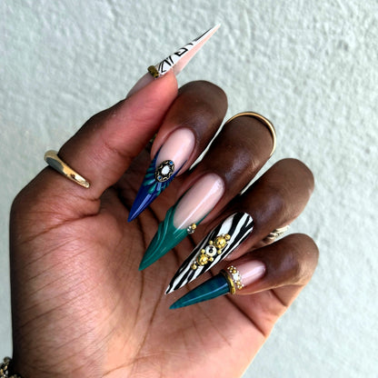 Wild Jade Eclectic Zebra Stiletto Press On Nails