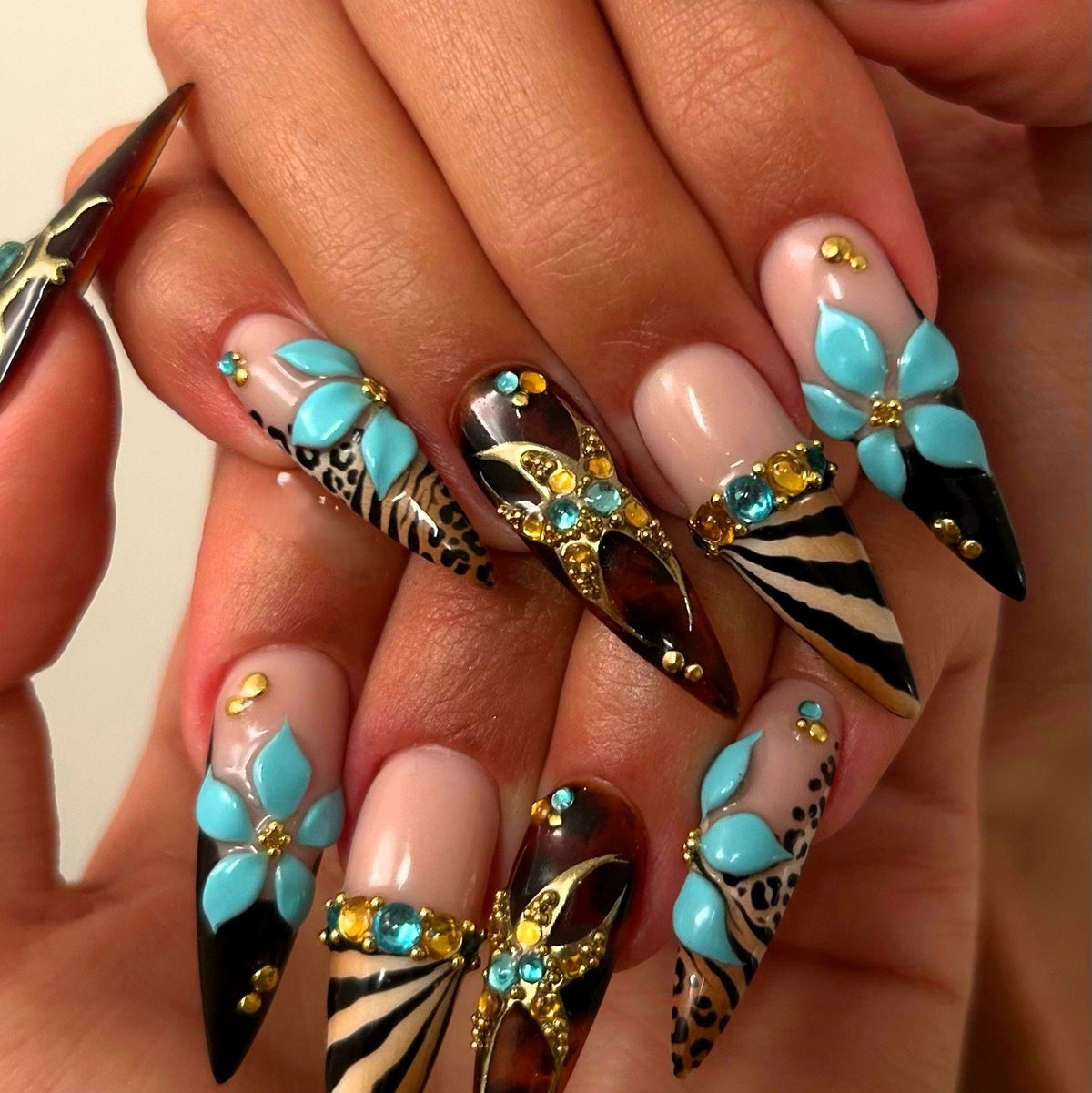 Wild Safari Turquoise Bloom 3D Stiletto Press On Nails