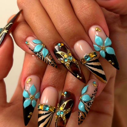 Wild Safari Turquoise Bloom 3D Stiletto Press On Nails