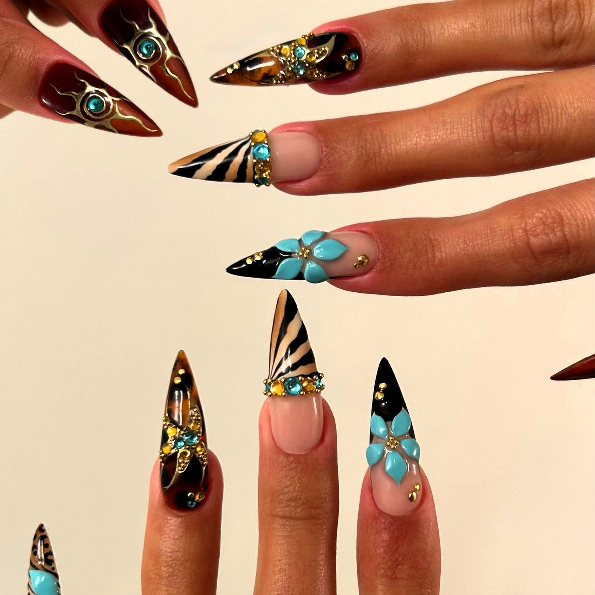 Wild Safari Turquoise Bloom 3D Stiletto Press On Nails