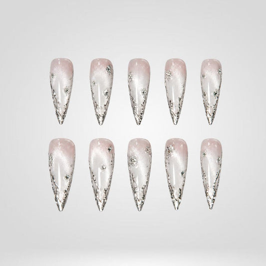 Icy Silver Chrome Spooky Stiletto Press On Nails