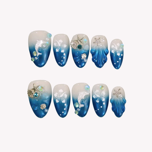 Blue Tears Cat Eye Fresh Almond Press On Nails