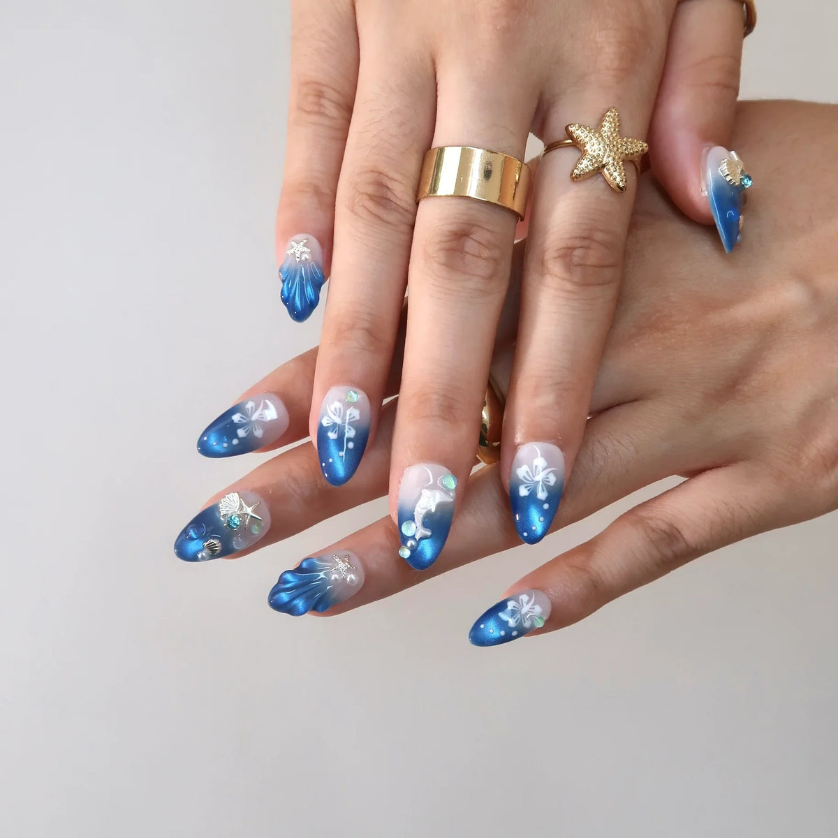 Blue Tears Cat Eye Fresh Almond Press On Nails