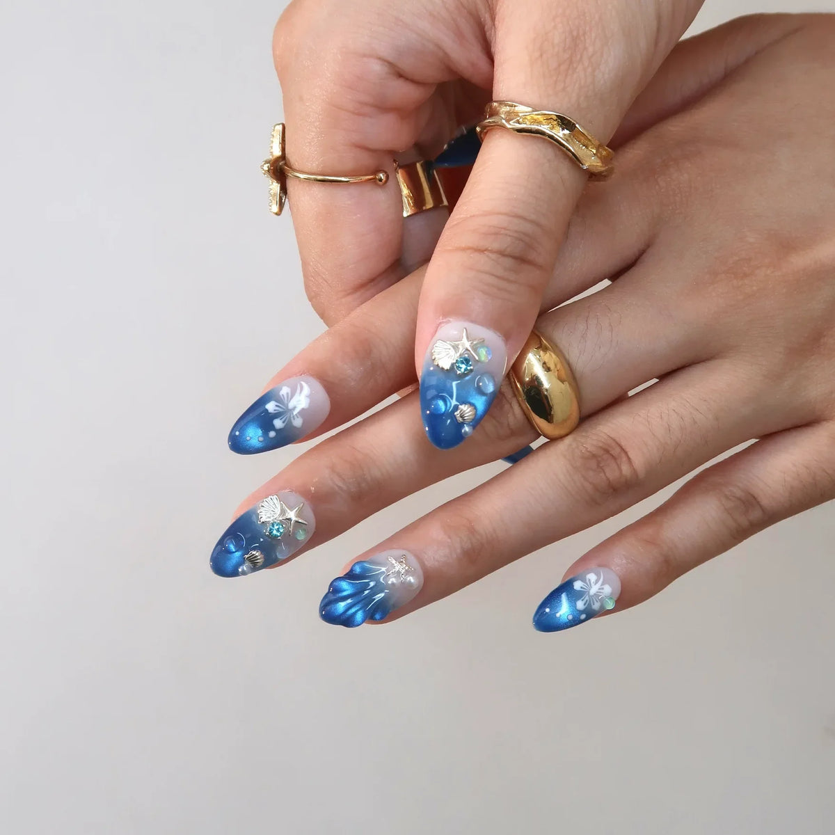 Blue Tears Cat Eye Fresh Almond Press On Nails
