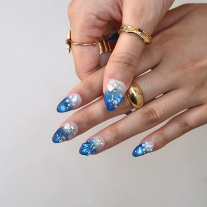 Blue Tears Cat Eye Fresh Almond Press On Nails