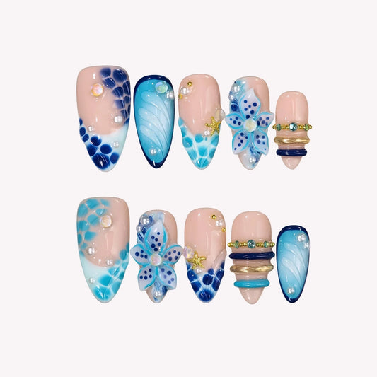 Bluish Tide Chrome Fresh Almond Press On Nails