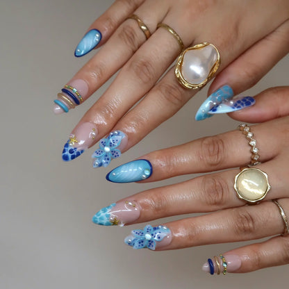 Bluish Tide Chrome Fresh Almond Press On Nails