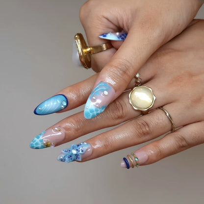 Bluish Tide Chrome Fresh Almond Press On Nails