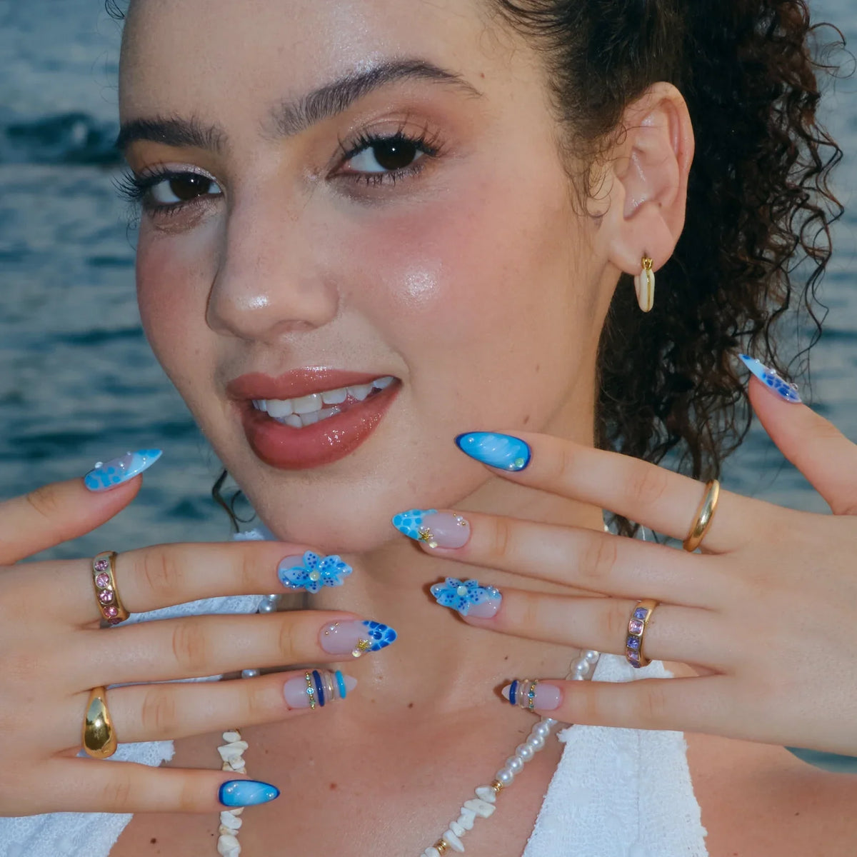 Bluish Tide Chrome Fresh Almond Press On Nails