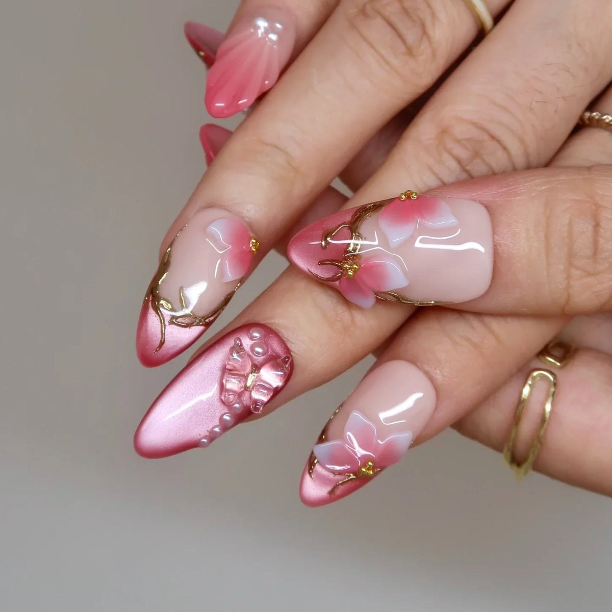 Cherry Blossom Chrome Fresh Almond Press On Nails
