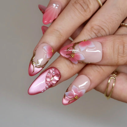 Cherry Blossom Chrome Fresh Almond Press On Nails