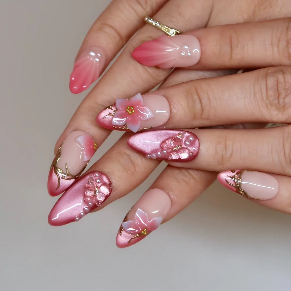 Cherry Blossom Chrome Fresh Almond Press On Nails