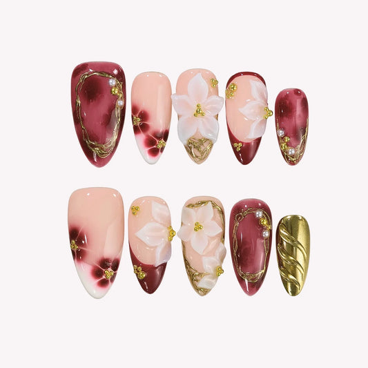 Cherry Wine Chrome Fresh Almond Press On Nails